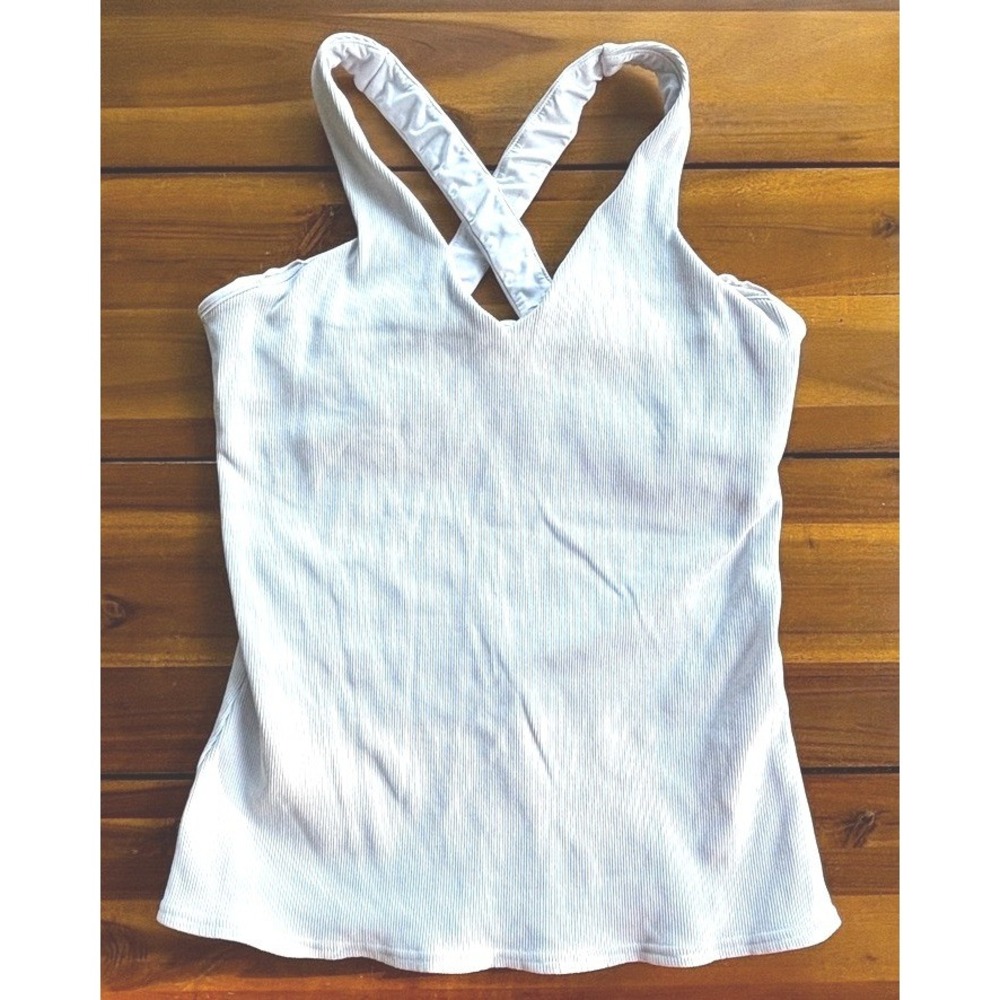 Alo Yoga Elevate Rib Tank White L Criss Cross Built In Bra Workout Top, Large - Picture 4 of 8